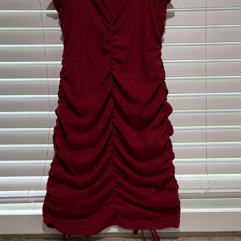 Red Ruched Sparkle Mini Dress - Picture 6 of 8